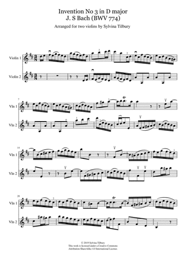 J S Bach Two Part Invention no 3 in D major BWV 774 (Two Violins) (arr. Sylvina Tilbury)