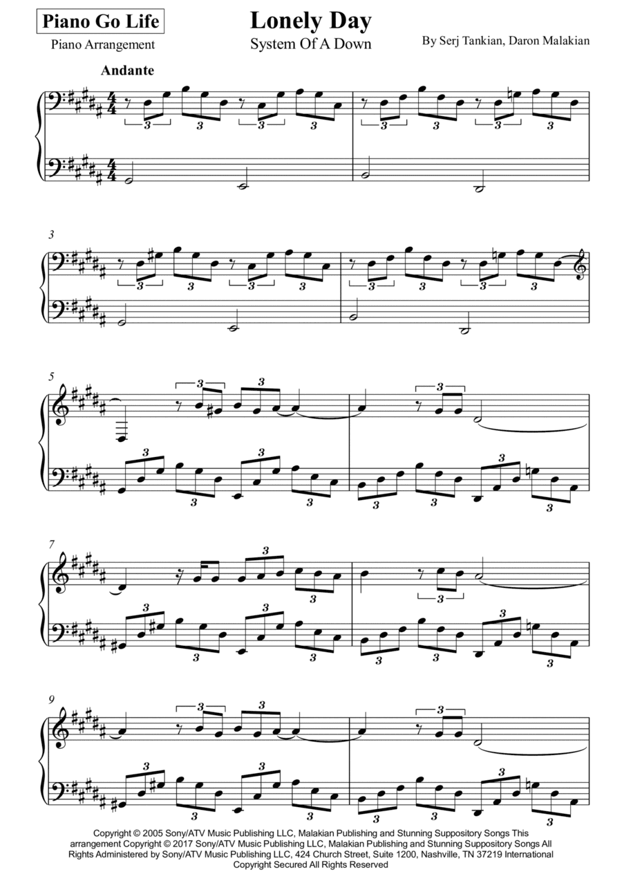 Lonely Day (arr. Piano Go Life)