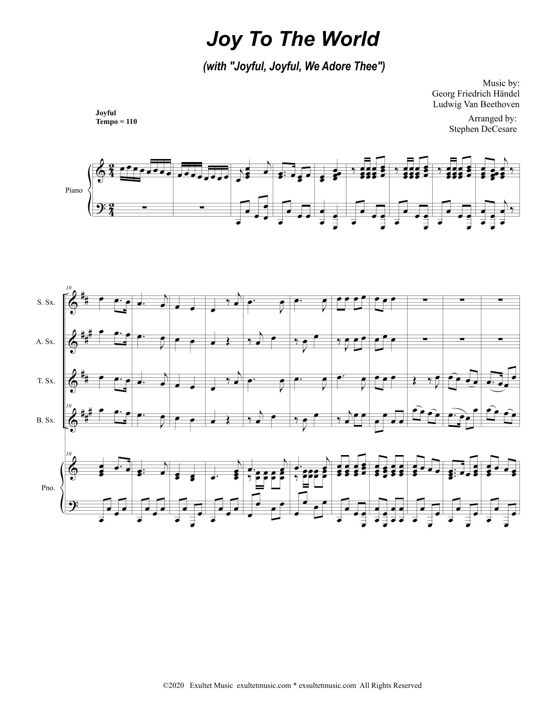 Joy To The World (with "Joyful, Joyful, We Adore Thee") (Saxophone Quartet and Piano) (arr. Stephen DeCesare)