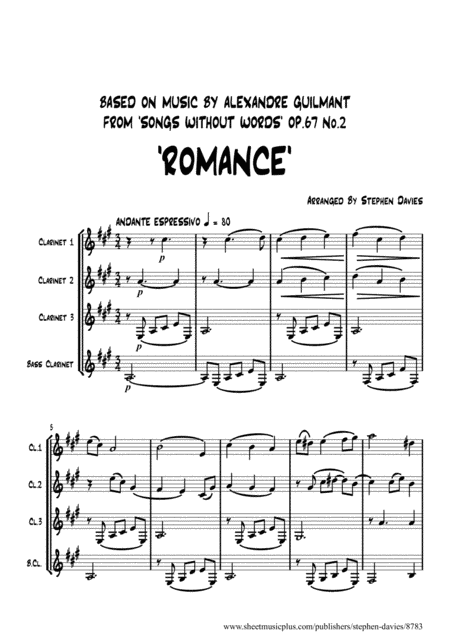 'Romance' based on music by Alexandre Guilmant from 'Songs Without Words' Op.67 No.2, for Clarinet Q (arr. Stephen Davies)