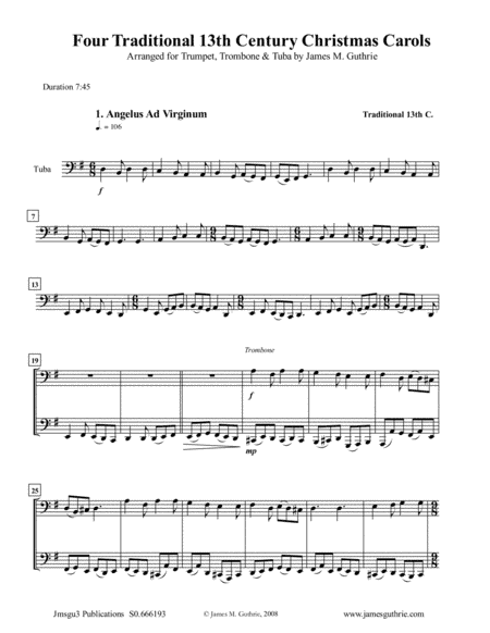 Four Traditional 13th Century Christmas Carols for Trumpet, Trombone & Tuba (arr. James M. Guthrie, ASCAP)