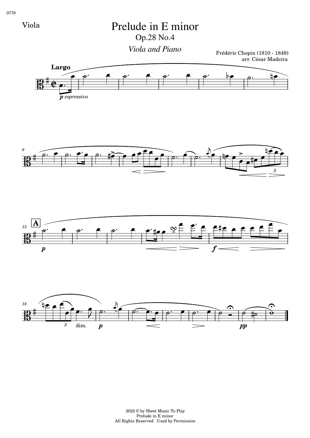 Prelude in E minor by Chopin - Viola and Piano (Individual Parts) (arr. César Madeira)