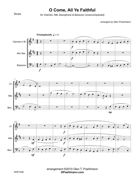 O COME ALL YE FAITHFUL - WOODWIND TRIO (Clarinet, Alto Sax & Bassoon) - unaccompanied (arr. Glen Poehlmann)