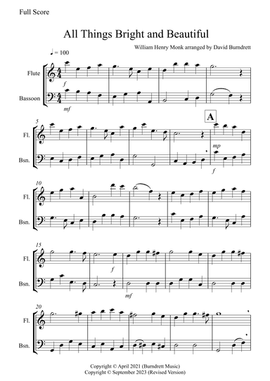 All Things Bright and Beautiful for Flute and Bassoon Duet (arr. David Burndrett)
