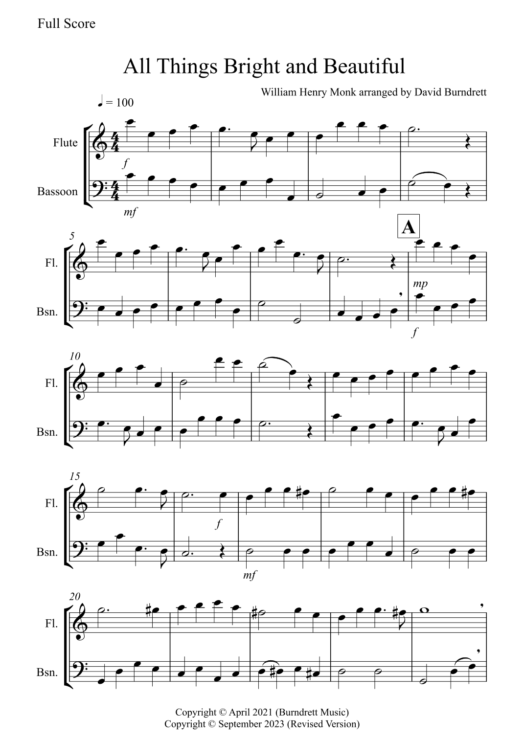 All Things Bright and Beautiful for Flute and Bassoon Duet (arr. David Burndrett)