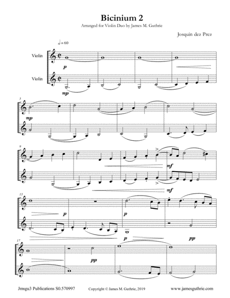 Josquin: Bicinium 2 for Violin Duo (arr. James M. Guthrie)