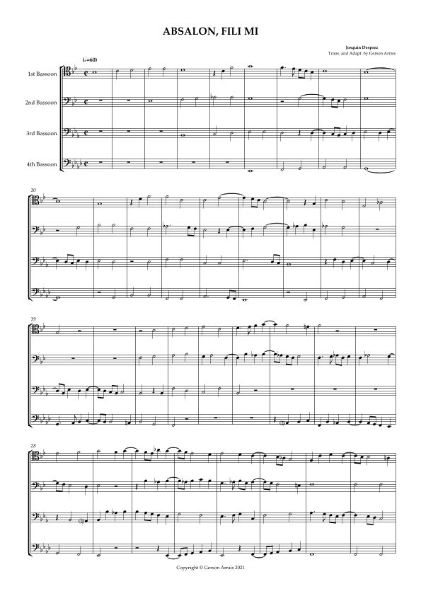 ABSALON, FILI MI - Josquin Desprez - for Basson Quartet - Score and Parts (arr. Gerson Arrais)