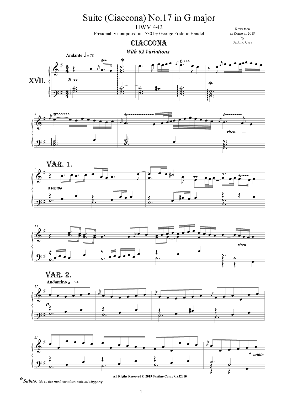 Handel - Piano Suite No.17 (Ciaccona with 62 variations) in G major HWV 442 (arr. Santino Cara)