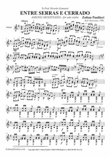 Among Mountains (Entre serras e cerrado) for solo violin (includes version for solo viola) in Brazil