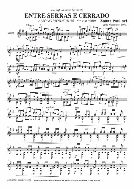 Among Mountains (Entre serras e cerrado) for solo violin (includes version for solo viola) in Brazil