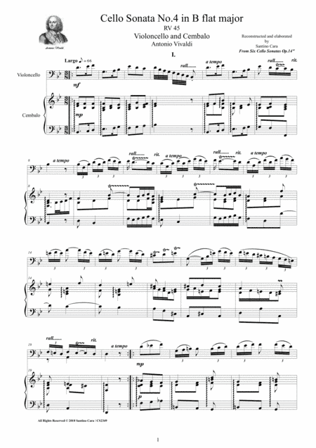 Vivaldi - Cello Sonata No.4 in B flat Op.14 RV 45 for Cello and Cembalo (or Piano) (arr. Santino Cara)