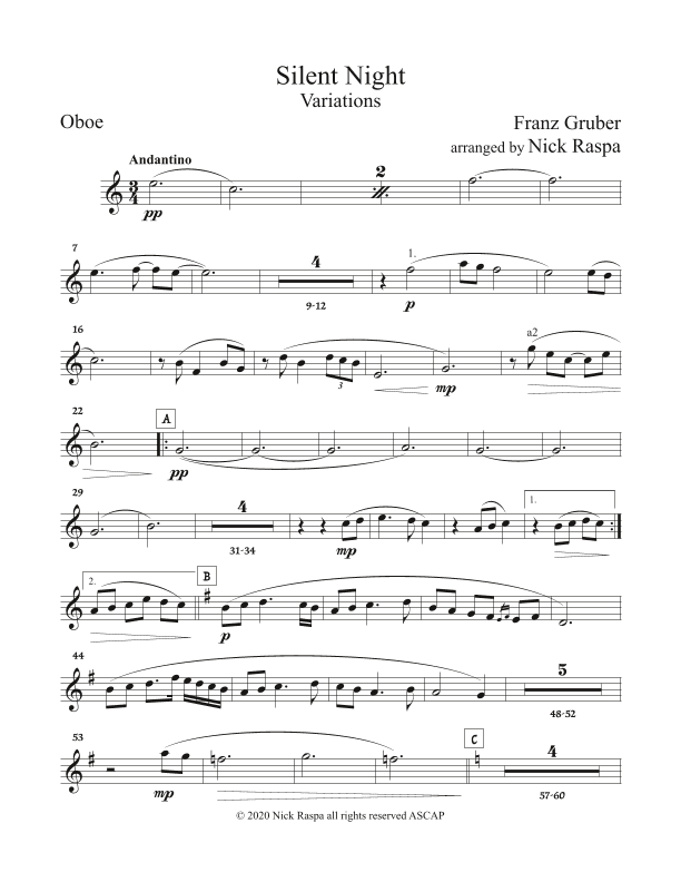 Silent Night - Variations (full orchestra) Oboe part (arr. Nick Raspa)