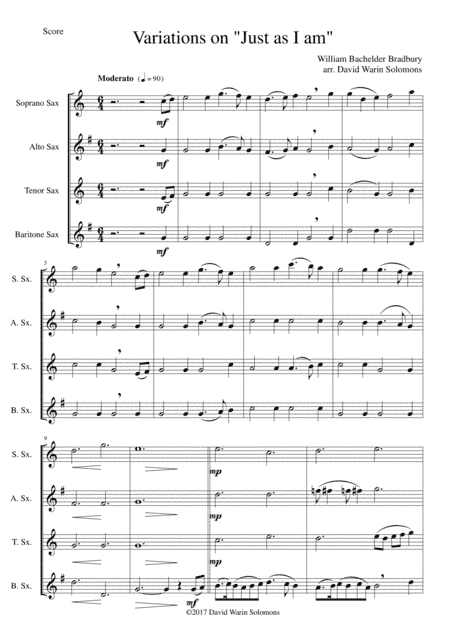 Variations on Just As I Am for saxophone quartet (arr. David Warin Solomons)