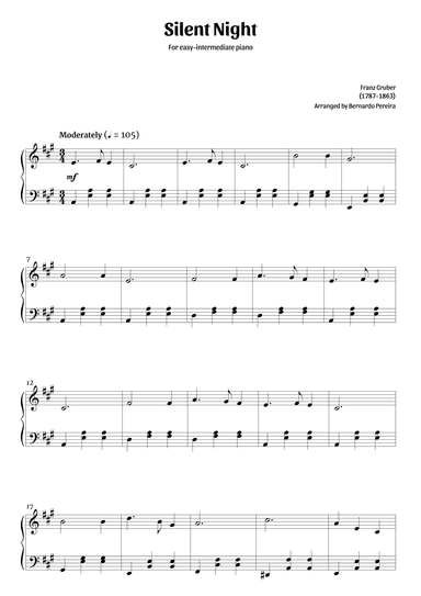 Silent Night (easy-intermediate piano in A major – clean sheet music) (arr. Bernardo Pereira)