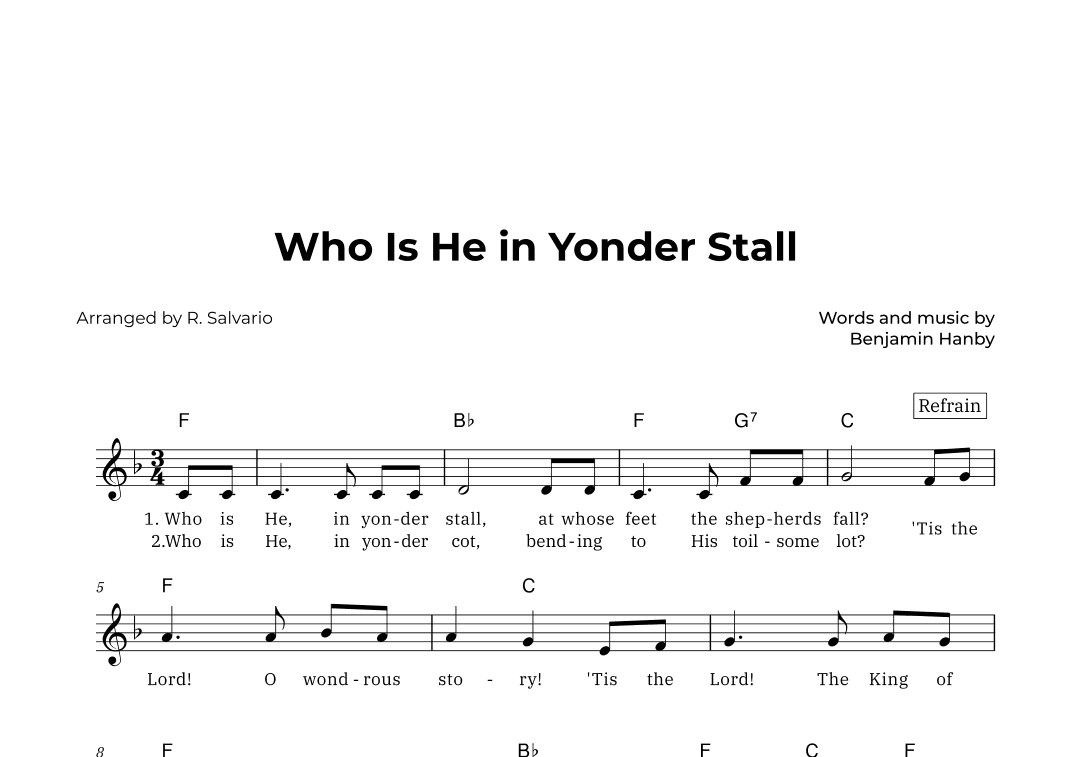 Who Is He in Yonder Stall (Key of F Major) (arr. R. Salvario)
