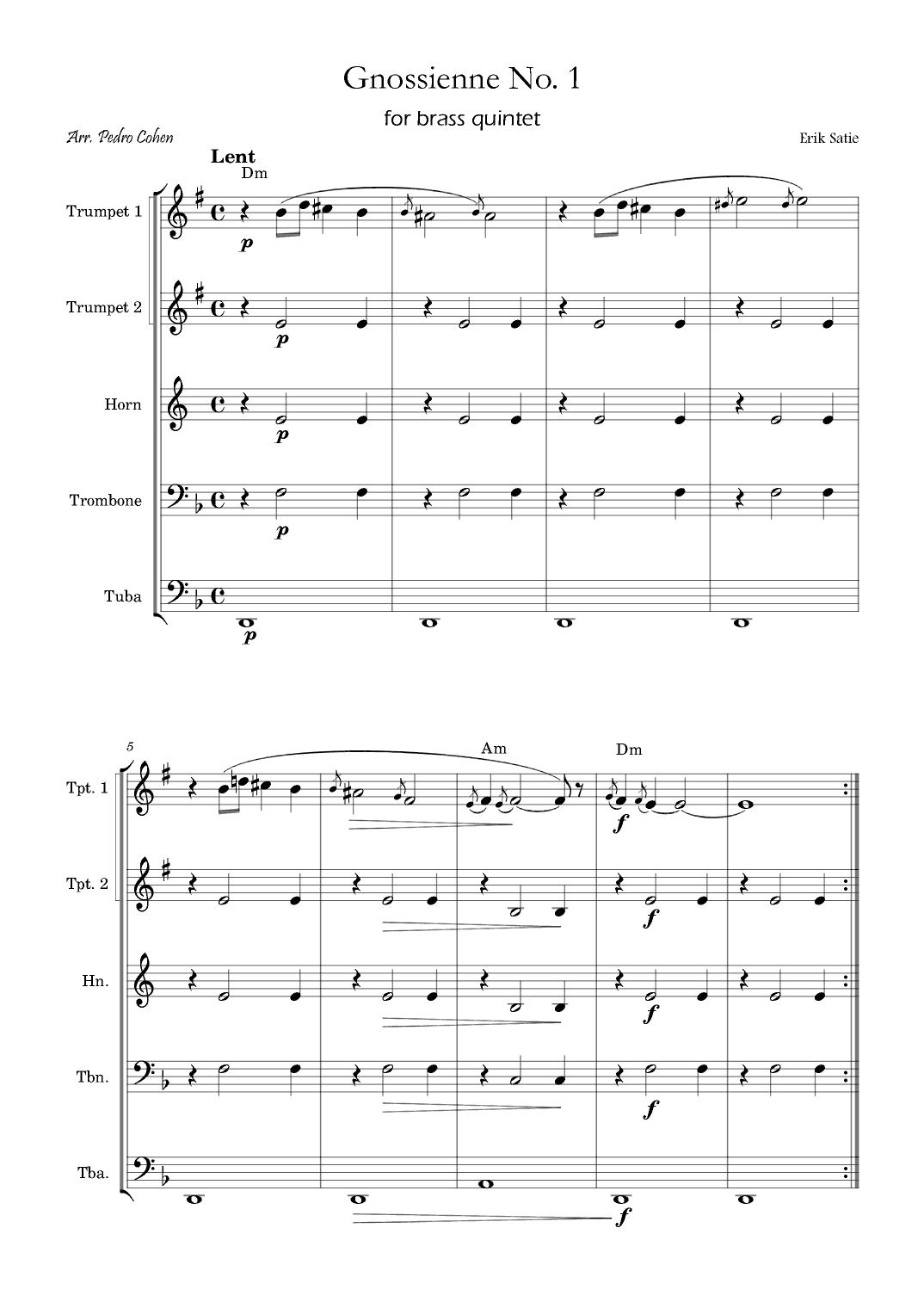 Gnossienne No. 1 – for Brass Quintet with chords (arr. Pedro Cohen)