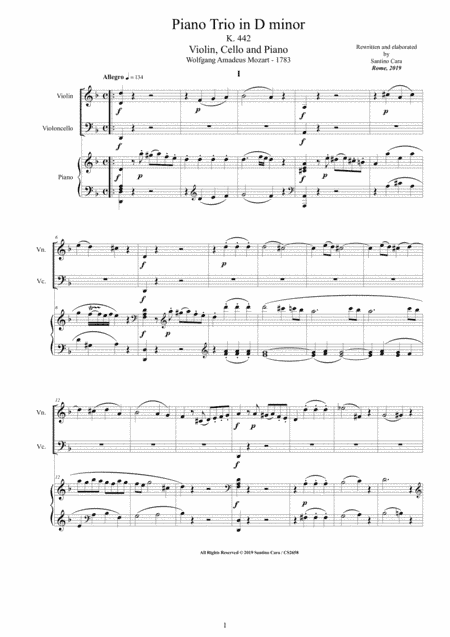Mozart - Piano Trio in D minor K 442 for Violin, Cello and Piano - Score and Parts (arr. Santino Cara)