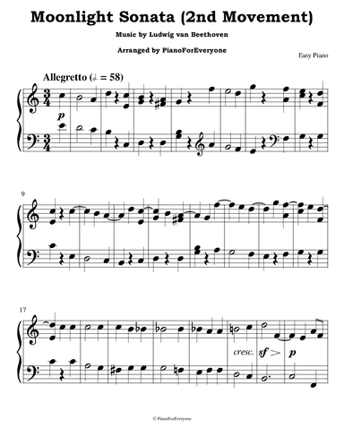 Moonlight Sonata (2nd Movement) - Beethoven (Easy Piano) (arr. PianoForEveryone)