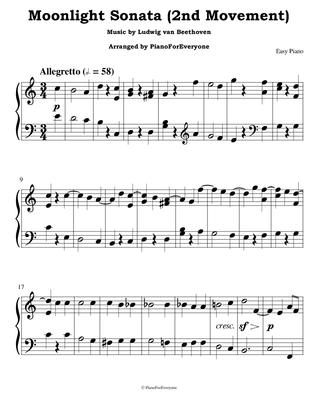 Moonlight Sonata (2nd Movement) - Beethoven (Easy Piano) (arr. PianoForEveryone)