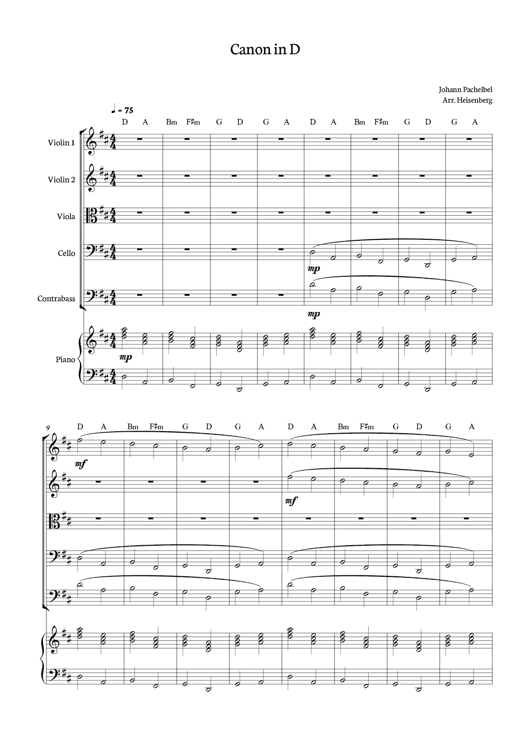 Canon in D - Johann Pachelbel for String Quintet with piano and chords. (arr. Heisenberg)