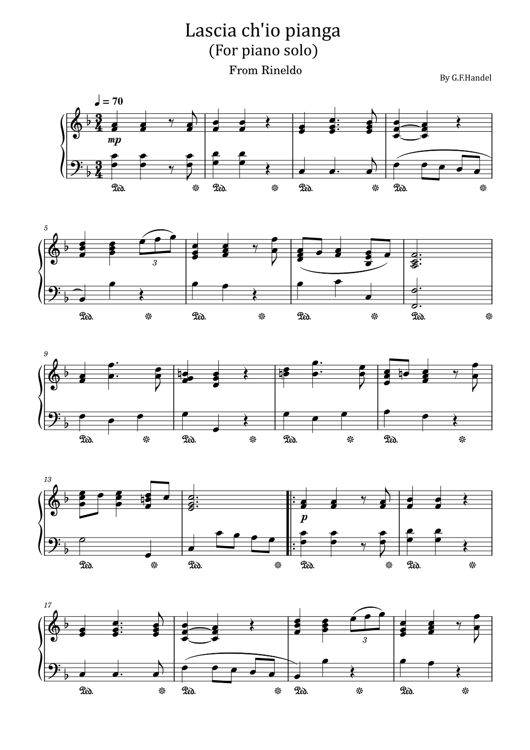 G.F.Handel Rinaldo, HWV 7b "Lascia ch'Io pianga" For Piano Solo In F Major (arr. poon)