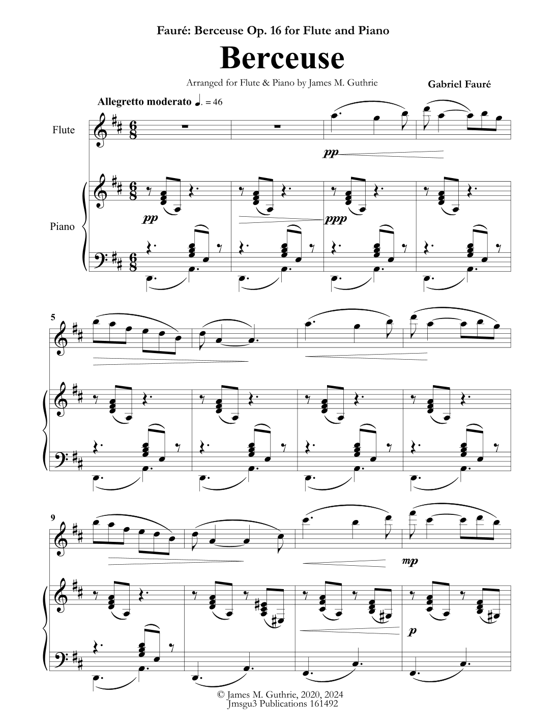 Fauré: Berceuse Op 16. for Flute & Piano (arr. James Guthrie, ASCAP)