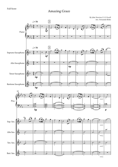 Amazing Grace (John Newton, E. O. Excell) for Saxophone Quartet and Piano Accompaniment with Chords (arr. Fernando Britto)