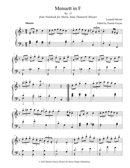 Menuett in F, No. 11 from Notebook for Maria Anna (Nannerl) Mozart (arr. Presto! It's Music Magic Publishing)