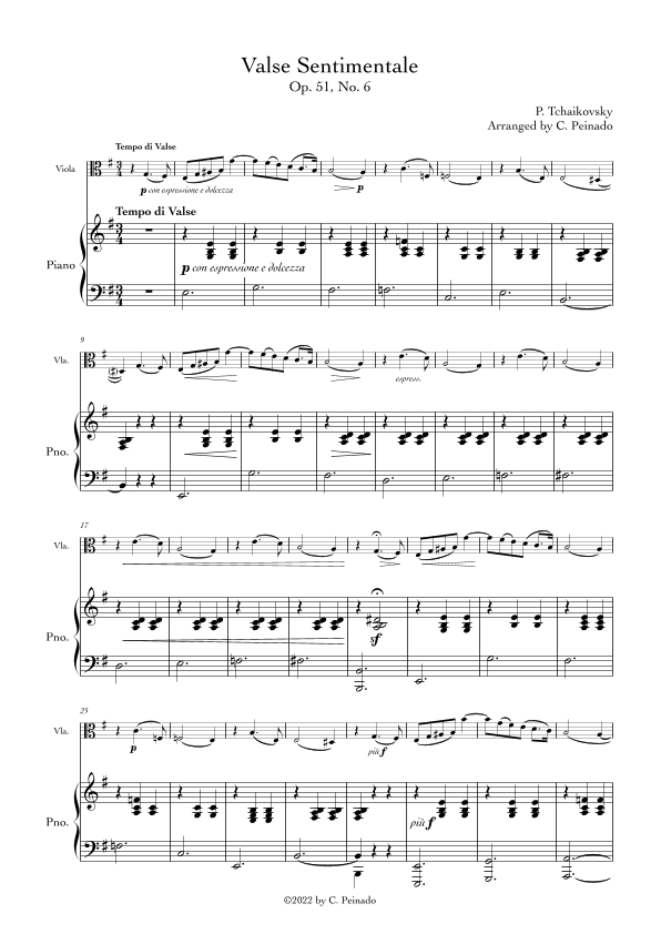 Valse Sentimentale Op.51, No. 6 (For Viola and Piano) (arr. C. Peinado)