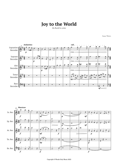 Joy to the World by for Recorder Quintet (arr. Ander)