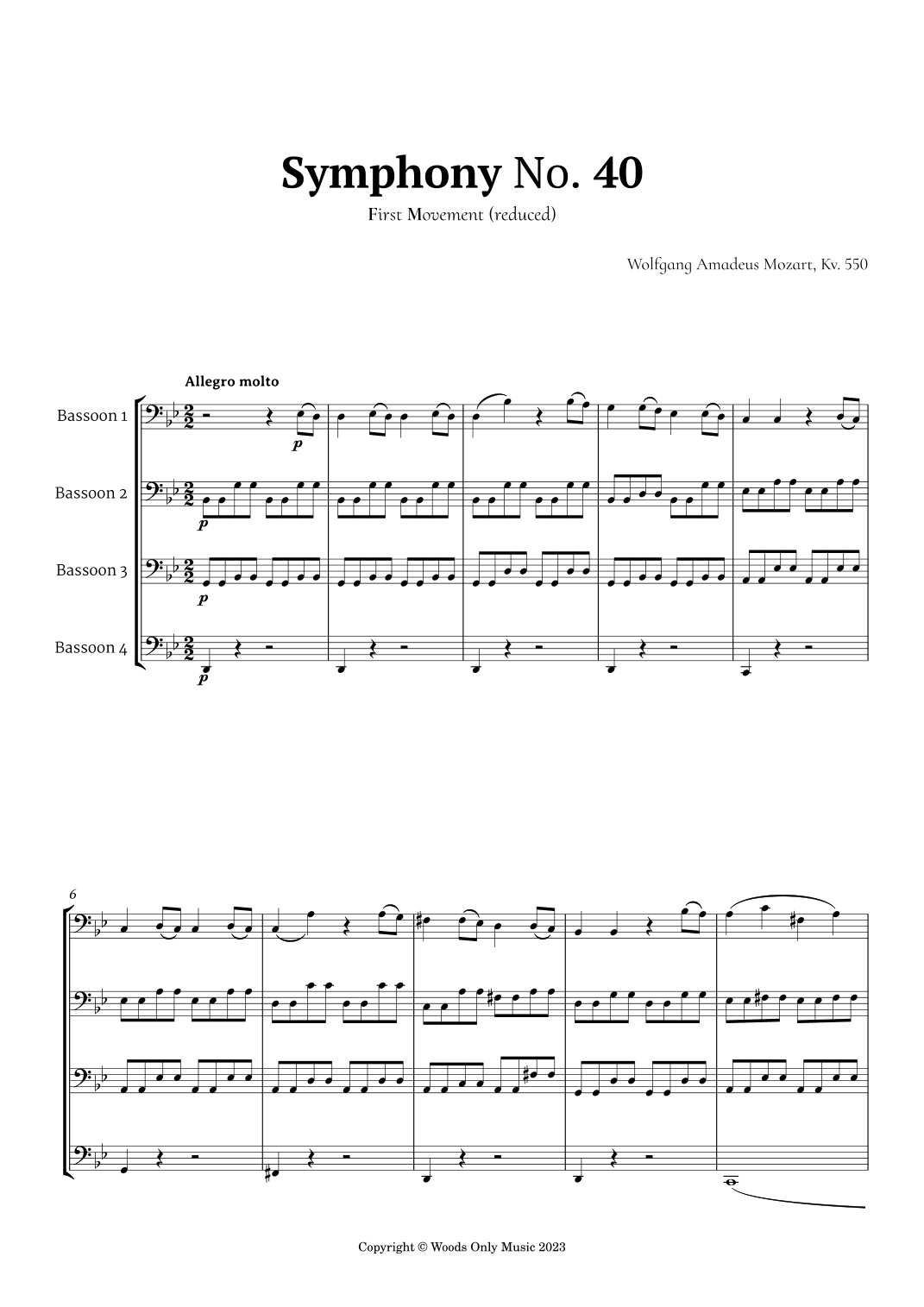 Symphony No. 40 by Mozart for Bassoon Quartet (arr. Mozart)
