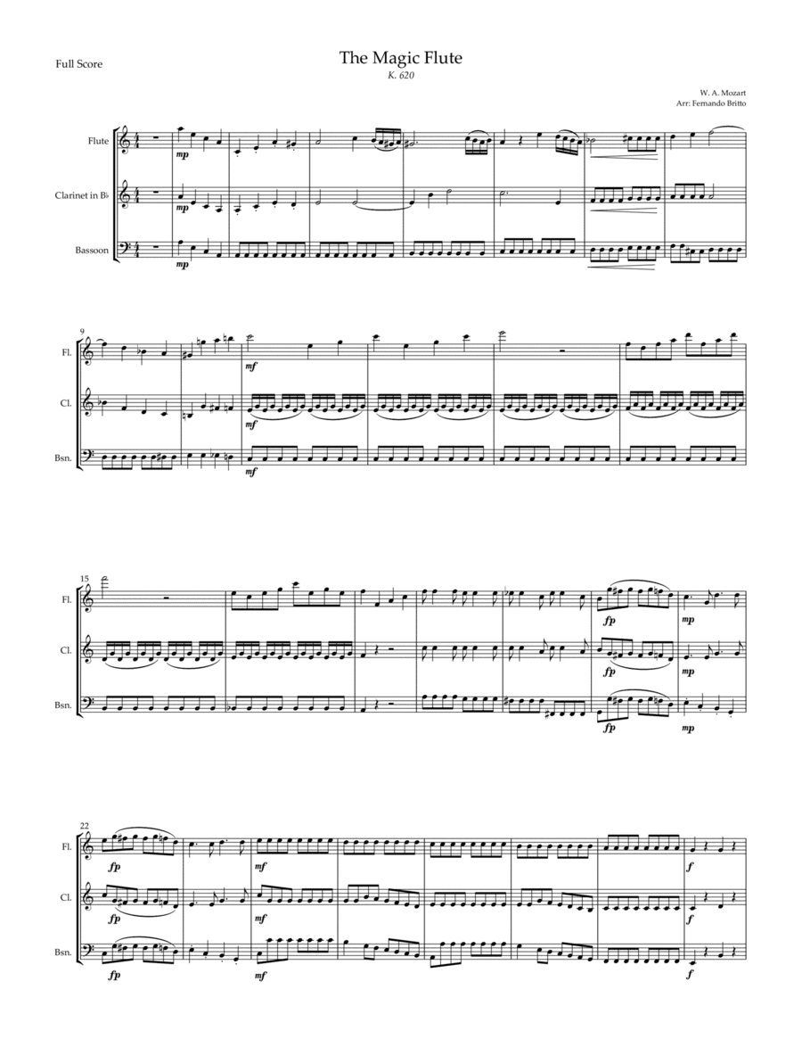 The Magic Flute - Queen of The Night Aria (W. A. Mozart) for Woodwind Trio Accompaniment (arr. Fernando Britto)