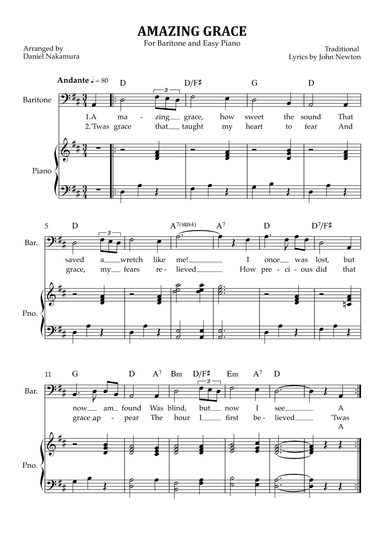 Amazing Grace (for baritone vocal with easy piano) (arr. Daniel Nakamura)