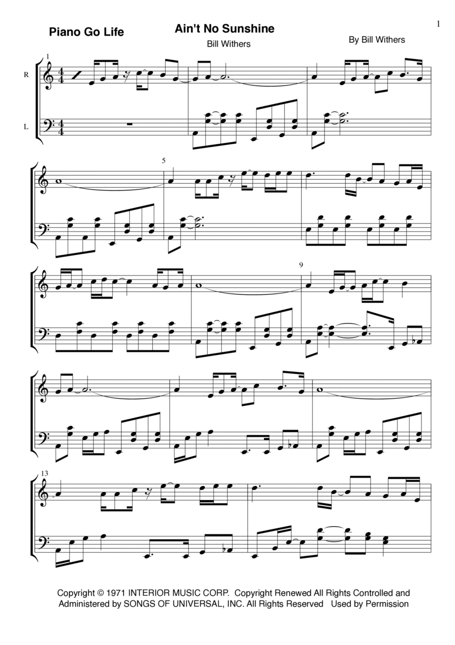 Ain't No Sunshine (arr. Piano Go Life)