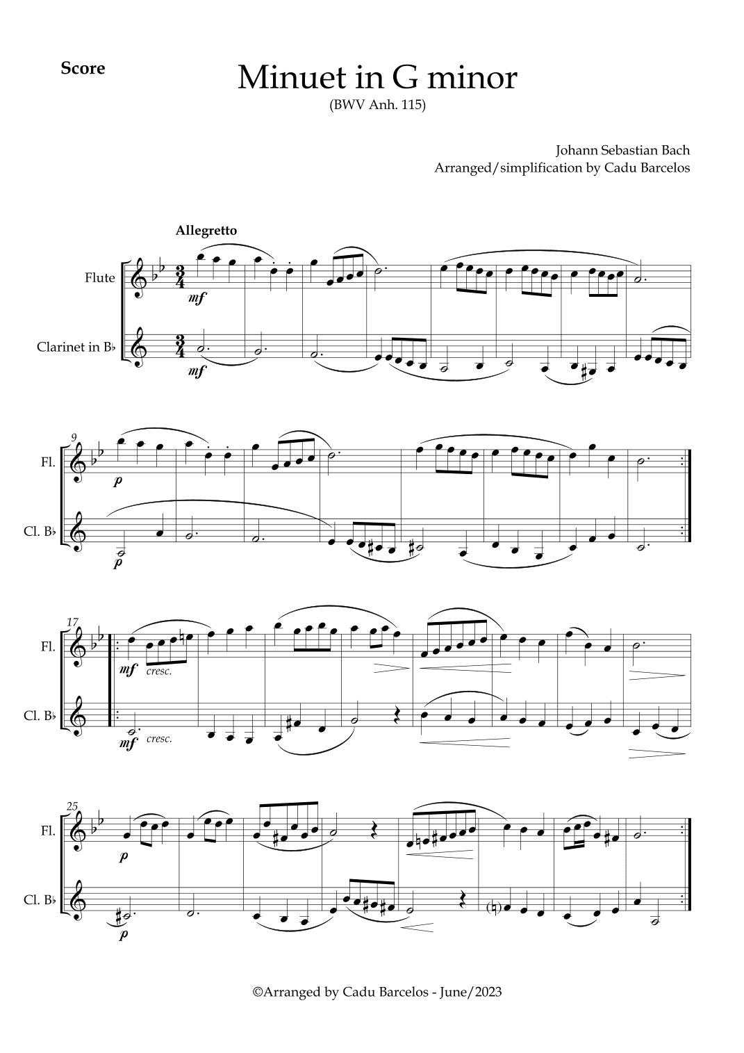 Minuet in G minor BWV anh 115 (Bach) Flute and Clarinet (arr. Cadu Barcelos)