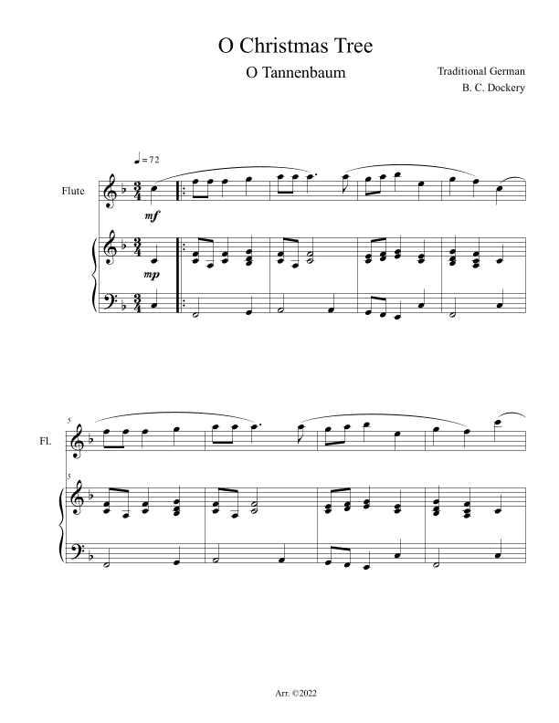 O Christmas Tree (O Tannenbaum) for Flute Solo with Piano Accompaniment (arr. B. C. Dockery)
