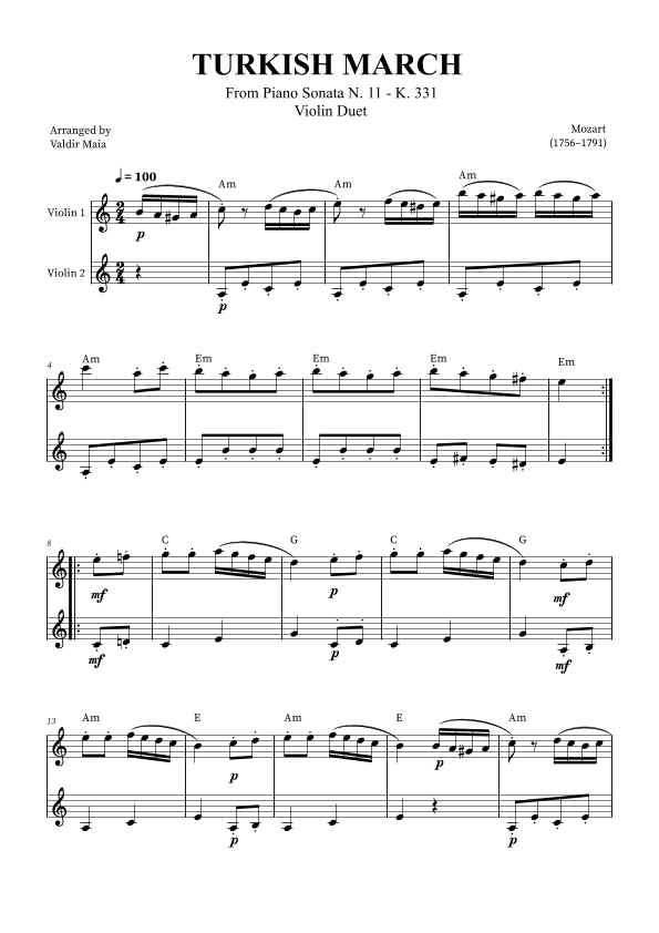 Turkish March - Violin Duet (with chords) (arr. Valdir Maia)