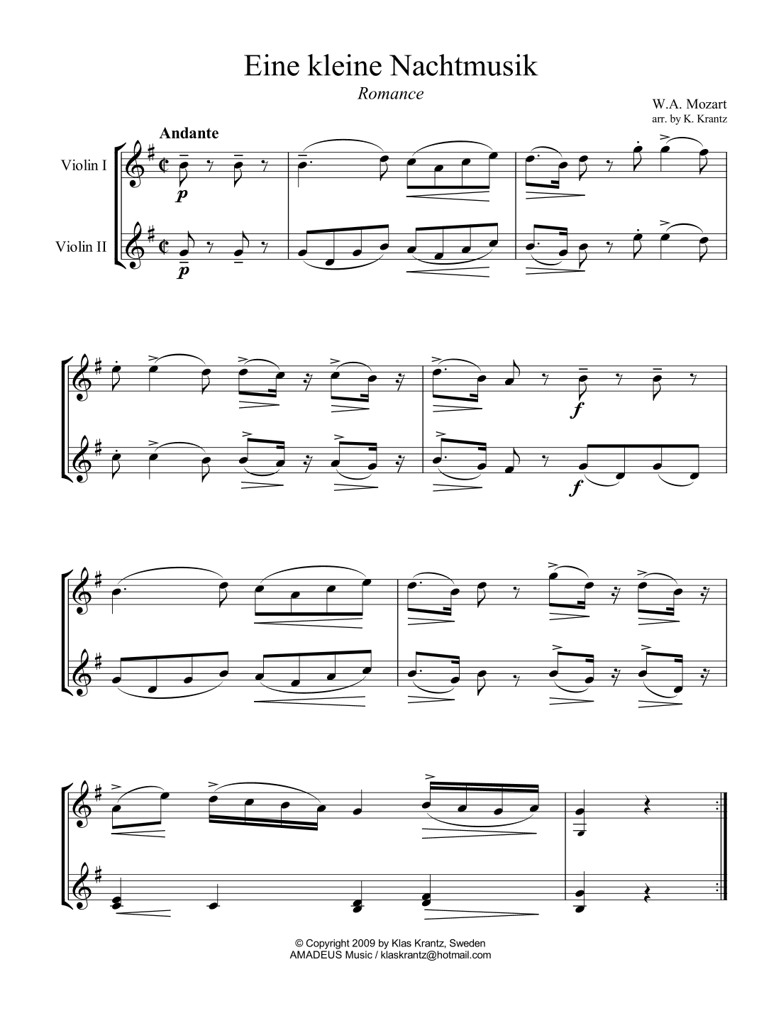 Romance from Eine kleine Nachtmusik for violin duo (arr. K. Krantz)