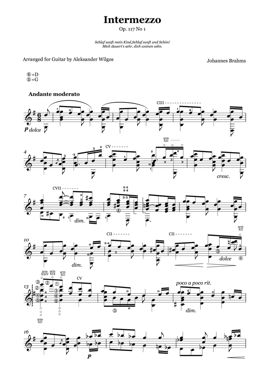 Johannes Brahms - Intermezzo Op. 117 No. 1, transcr. for guitar (arr. Aleksander Wilgos)