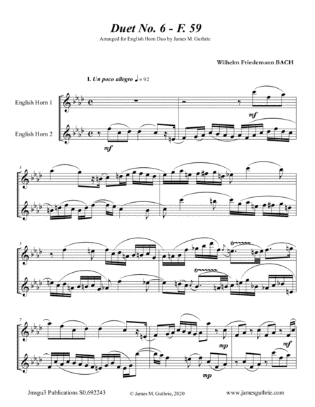 WF Bach: Duet No. 6 for English Horn Duo (arr. James M. Guthrie, ASCAP)