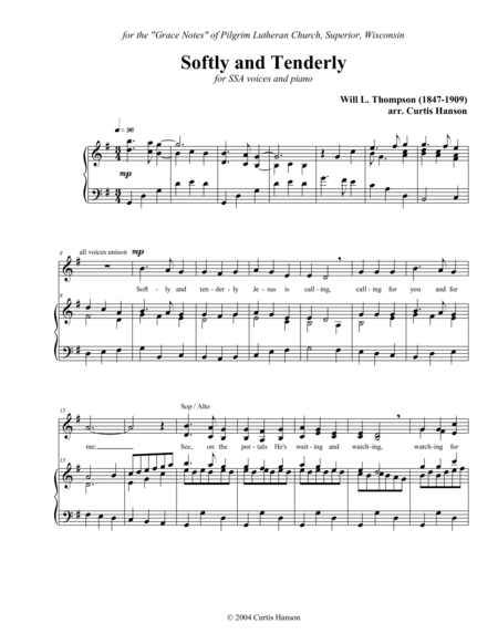 Softly and Tenderly (SSA) (arr. Curtis Hanson)