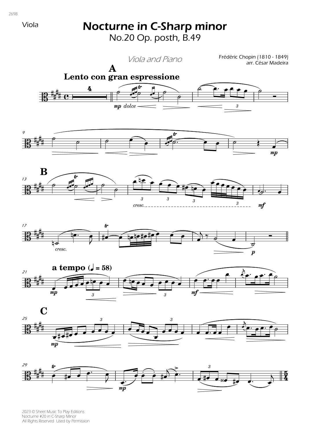 Nocturne No.20 in C-Sharp minor - Viola and Piano (Individual Parts) (arr. César Madeira)