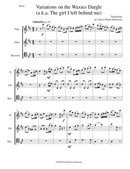 Variations on The Waxie's Dargle (or The girl I left behind me) for wind trio (flute, oboe, bassoon) (arr. David Warin Solomons)