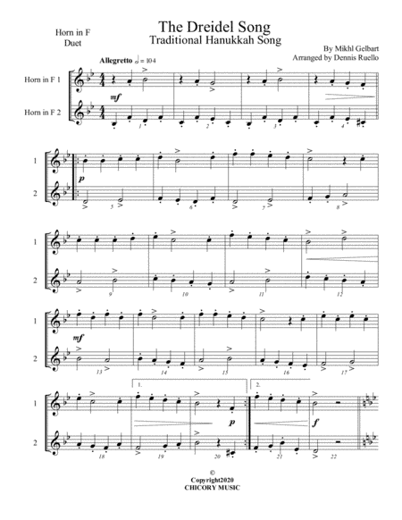 The Dreidel Song - Horn in F Duet - Intermediate (arr. Dennis Ruello)