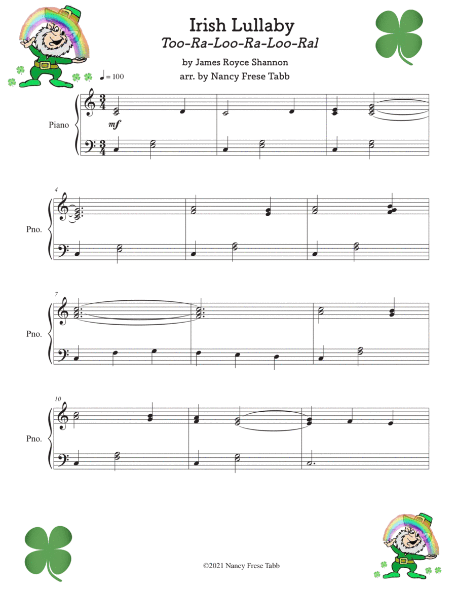 An Irish Lullaby (Too-Ra-Loo-Ra-Loo-Ral) Easy Piano Solo (arr. Nancy Frese Tabb)