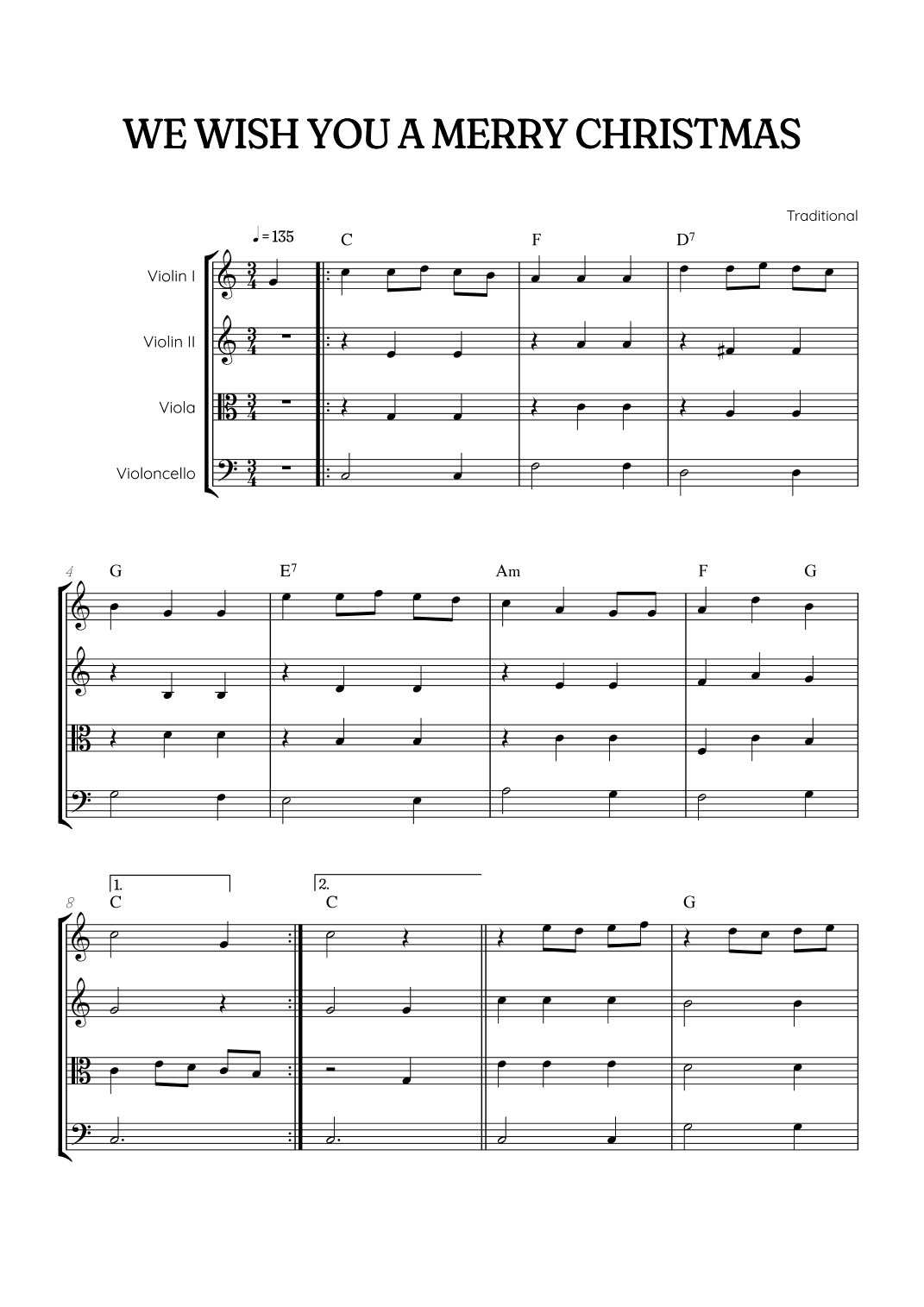 We Wish You a Merry Christmas for String Quartet • easy Christmas sheet music with chords (arr. Benzaiten Editions)