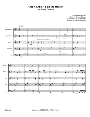ARE YE ABLE SAID THE MASTER - BRASS QUINTET (unaccompanied) (arr. Glen Poehlmann)