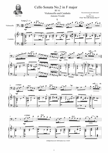 Vivaldi - Cello Sonata No.2 in F major Op.14 RV 41 for Cello and Cembalo (or Piano) (arr. Santino Cara)