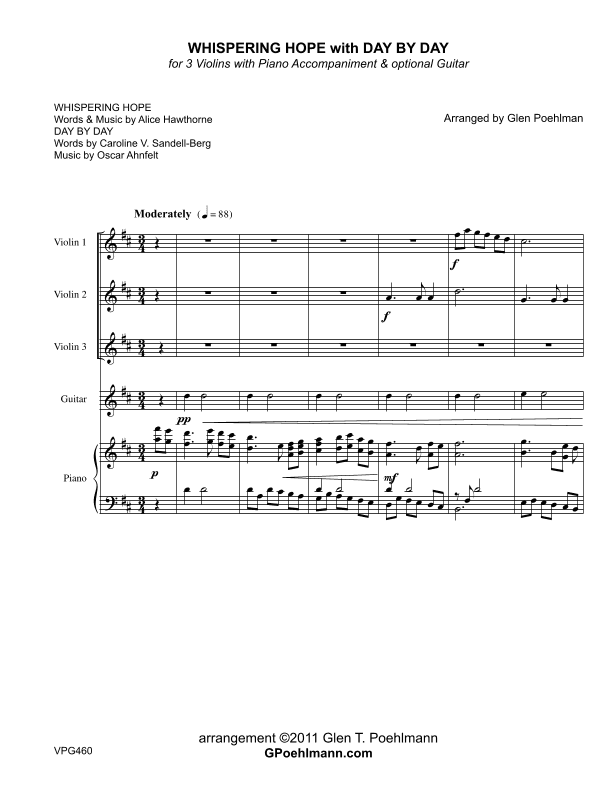 WHISPERING HOPE with DAY BY DAY - 3 Violins & Guitar with Piano accompaniment (arr. Glen Poehlmann)