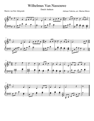 Wilhelmus Van Nassouwe, intermediate lever harp arrangement (arr. Marina Moree)